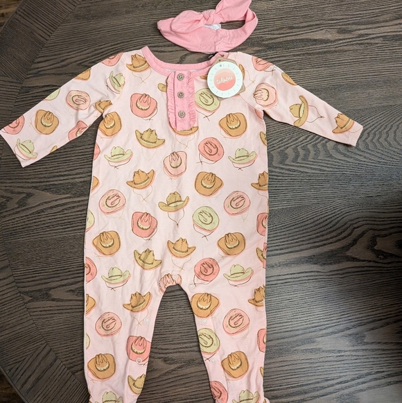 Mud Pie Pink and Orange Cowboy Hat Print Footie - Picture 2 of 7